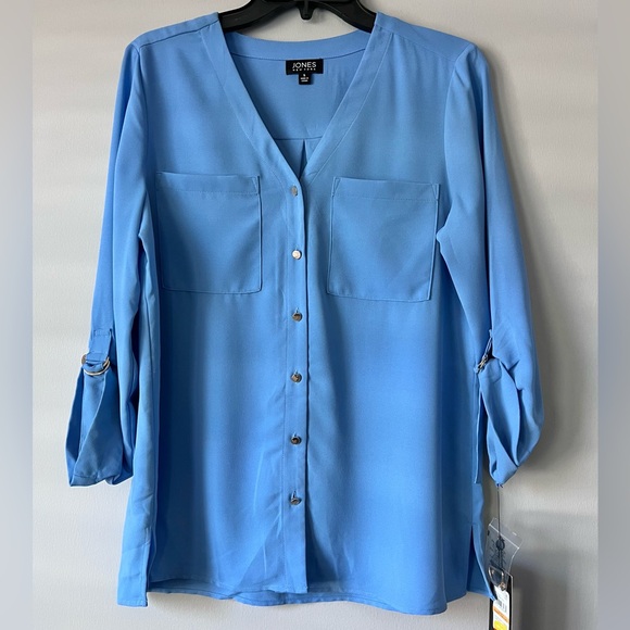Jones New York Tops - Jones New York Women's Jasper Roll-Cuff Blouse Blue Horizon Size Small